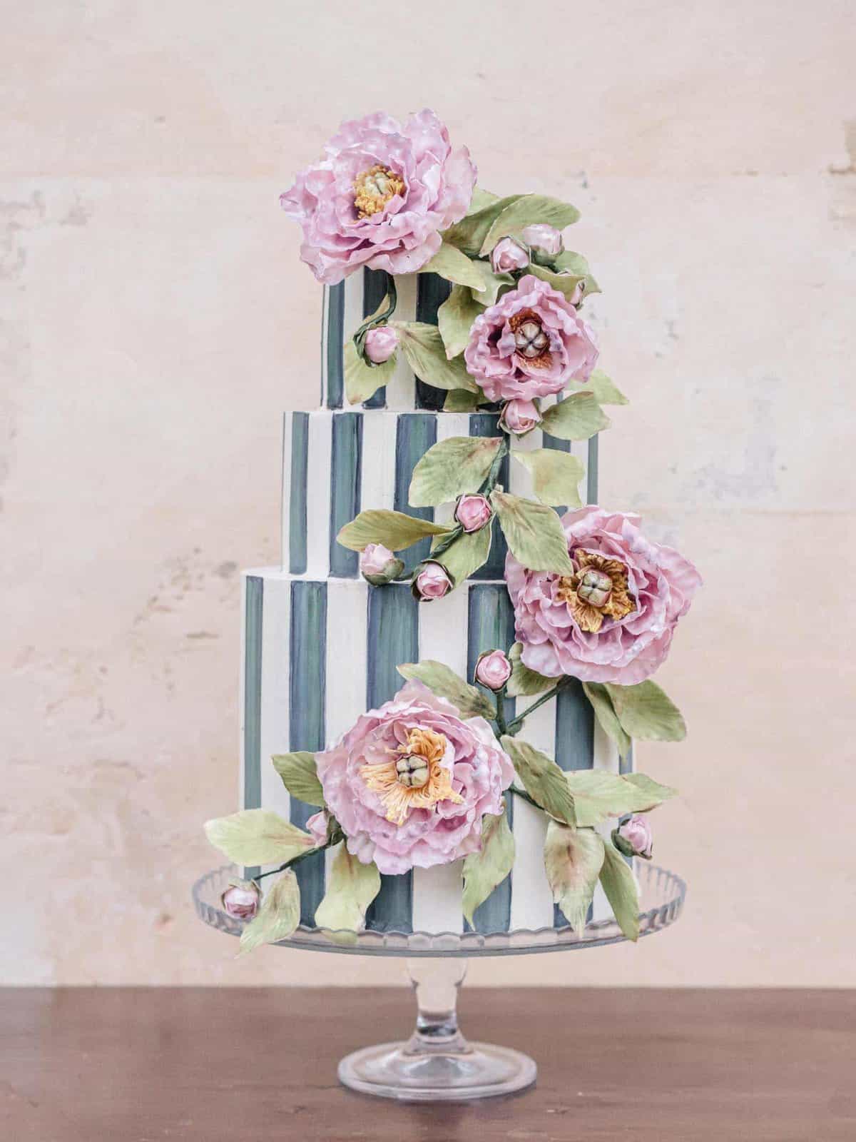 Striped Custom Wedding Cake Siena Italy at Castello di Celsa by Tuscan Wedding Cakes.
