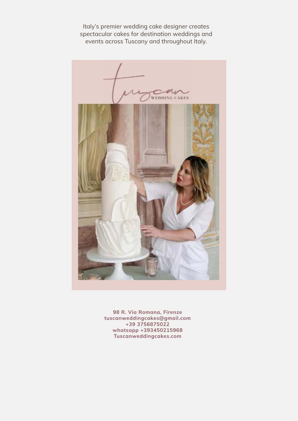 Cover of Tuscan Wedding Cakes 2025 luxury portfolio featuring bespoke Italian wedding cake design for destination weddings in Florence, Tuscany, and across Italy.